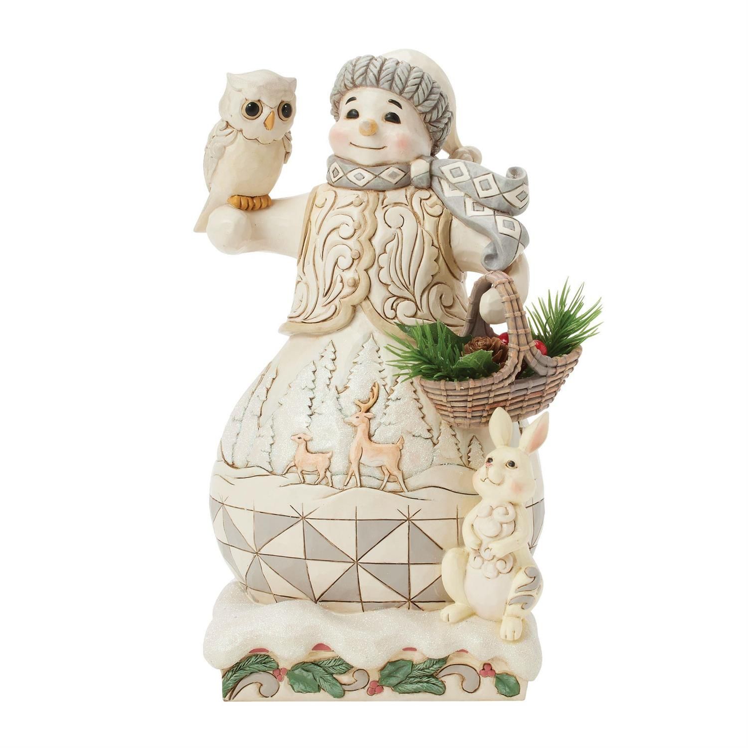 PRE-ORDER Winter&#39;s Gentle Gatherings White Woodland Collection Snowman with Basket By: Heartwood Creek Jim Shore *SHIPS 7/2025* NEW 2025