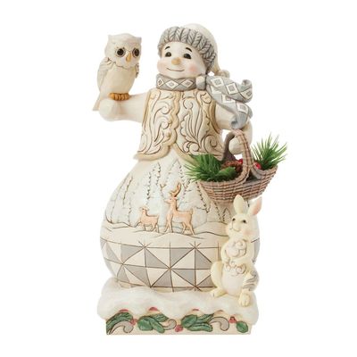 Winter&#39;s Gentle Gatherings White Woodland Collection Snowman with Basket By: Heartwood Creek Jim Shore *SHIPS WITHIN 10 DAYS* NEW 2025