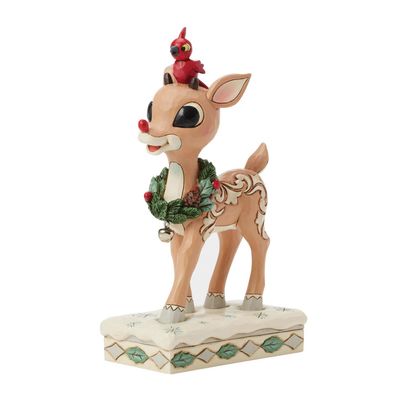 PRE-ORDER White Woodland Rudolph With Red Bird By: Rudolph Jim Shore *SHIPS 8/2025* NEW 2025