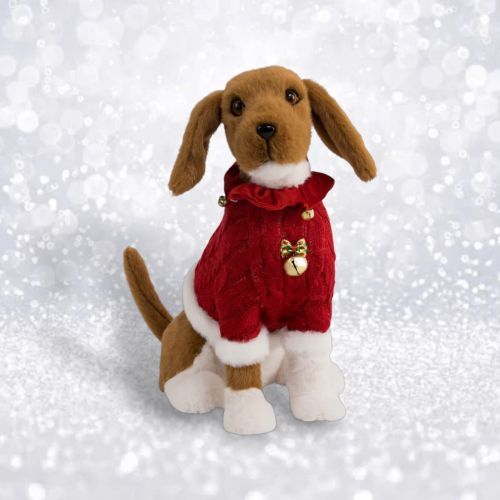 PRE-ORDER 14.5&quot; Brown Dog With Red Coat Christmas Decor *SHIPS 8/2025* NEW 2025