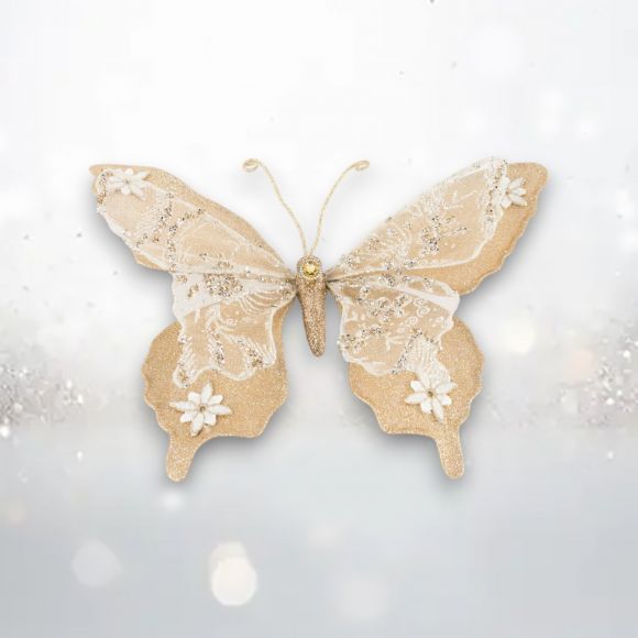 PRE-ORDER 10.5&quot; Winter Lace Tan Butterfly Christmas Decor *SHIPS 8/2025* NEW 2025