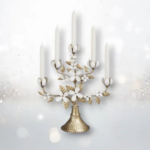 PRE-ORDER Gold/Cream Metal Flower Candelabra Christmas Decor *SHIPS 8/2025* NEW 2025