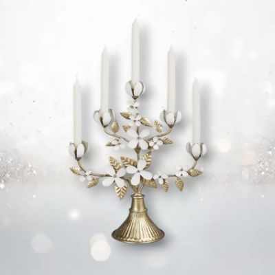 PRE-ORDER Gold/Cream Metal Flower Candelabra Christmas Decor *SHIPS 8/2025* NEW 2025