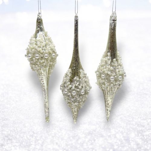 PRE-ORDER Silver Finials With Pearls Ornament Set Of 3 Christmas Decor *SHIPS 8/2025* NEW 2025