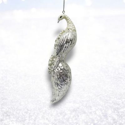 Silver Peacock Ornaments Set Of 2 Christmas Decor *SHIPS WITHIN 10 DAYS* NEW 2025