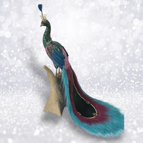 PRE-ORDER 32&quot; Teal Fur Trim Peacock  Christmas Decor *SHIPS 8/2025* NEW 2025