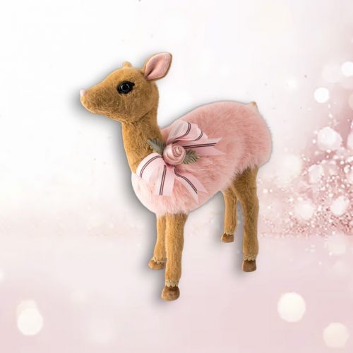PRE-ORDER 14.5&quot; Pink Fur Deer Standing Christmas Decor *SHIPS 8/2025* NEW 2025