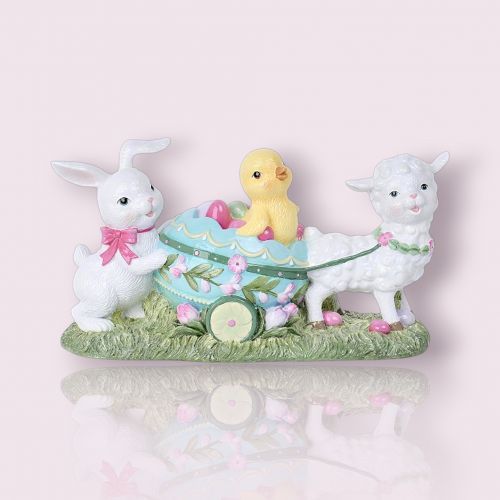 PRE-ORDER 10&quot; Lamb, Chick And Bunny With Egg Cart Easter Decor *SHIPS 2/2026* NEW 2026