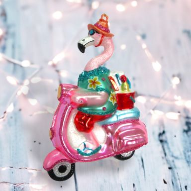 Flamingo On Scooter Ornaments Set Of 2 Christmas Decor *SHIPS WITHIN 10 DAYS*