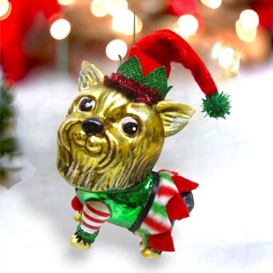 Male Yorkshire In Elf Costume Ornaments Set Of 2 Christmas Decor *SHIPS WITHIN 10 DAYS*