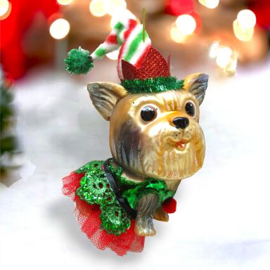 Female Yorkshire In Elf Costume Ornaments Set Of 2 Christmas Decor *SHIPS WITHIN 10 DAYS*