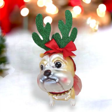 Bulldog With Antlers Ornaments Set Of 2 Christmas Decor *SHIPS WITHIN 10 DAYS*