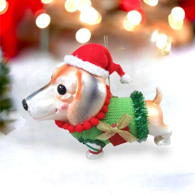 Dog In Holiday Sweater &amp; Hat Ornaments Set Of 2 Christmas Decor *SHIPS WITHIN 10 DAYS*