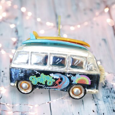 Blue Van With Surfboard Ornaments Set Of 2 Christmas Decor *SHIPS WITHIN 10 DAYS*