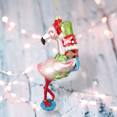 Flamingo With Gifts Ornaments Set Of 2 Christmas Decor *SHIPS WITHIN 10 DAYS*