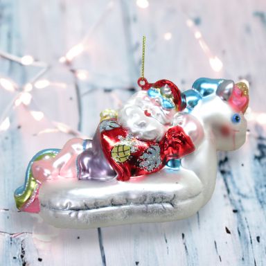 Santa In Unicorn Float Ornaments Set Of 2 Christmas Decor *SHIPS WITHIN 10 DAYS*