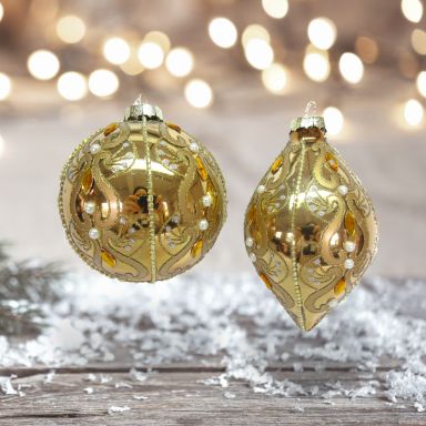Gold Baroque Ornaments Set Of 2 Christmas Decor *SHIPS WITHIN 10 DAYS*