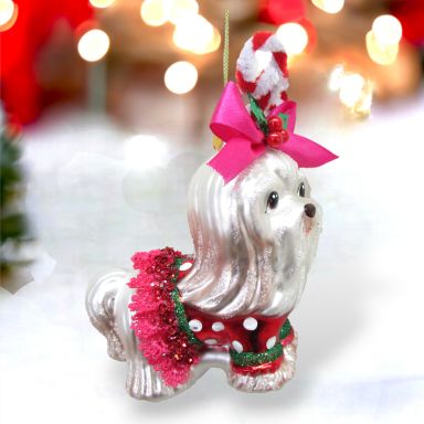 Shih Tzu In Candy Cane Outfit Ornaments Set Of 2 Christmas Decor *SHIPS WITHIN 10 DAYS*