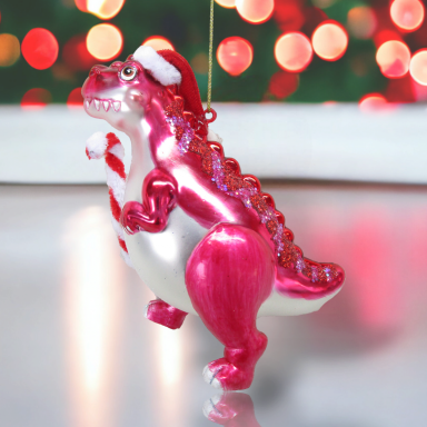 Pink Dinosaur With Candy Cane Ornaments Set Of 2 Christmas Decor *SHIPS WITHIN 10 DAYS*