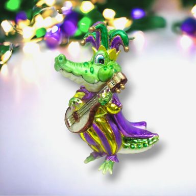 Mardi Gras Gator With Banjo Ornaments Set Of 2 Christmas Decor *SHIPS WITHIN 10 DAYS*