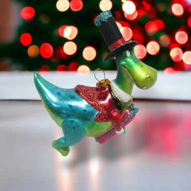 Dinosaur With Top Hat Ornaments Set Of 2 Christmas Decor *SHIPS WITHIN 10 DAYS*