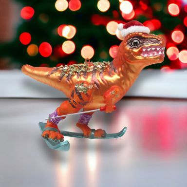 Dinosaur On Skis Ornaments Set Of 2 Christmas Decor *SHIPS WITHIN 10 DAYS*