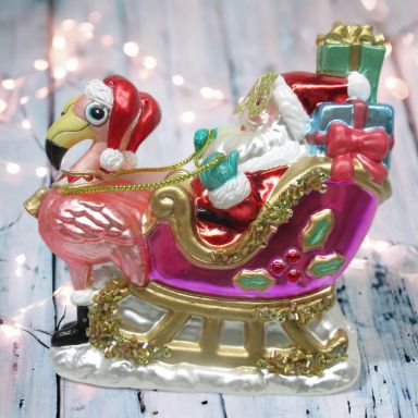 Flamingo Sled With Santa Ornaments Set Of 2 Christmas Decor *SHIPS WITHIN 10 DAYS*