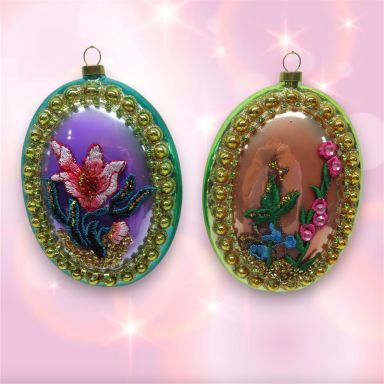 Oval Flower Ornaments Set Of 4 Christmas Decor *SHIPS WITHIN 10 DAYS*
