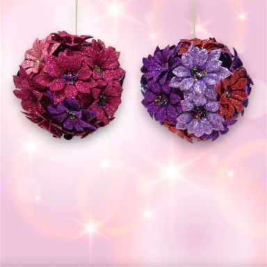 Pink/Purple Flower Balls Ornaments Set Of 4 Christmas Decor *SHIPS WITHIN 10 DAYS*