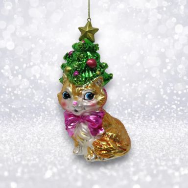 Cat With Tree Hat Ornaments Set Of 2 Christmas Decor *SHIPS WITHIN 10 DAYS*