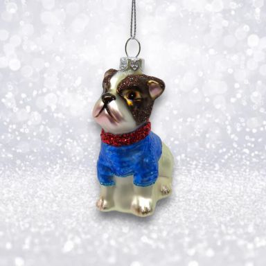 Bull Dog With Blue Sweater Ornaments Set Of 2 Christmas Decor *SHIPS WITHIN 10 DAYS*