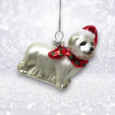 Maltese With Red Hat Ornaments Set Of 2 Christmas Decor *SHIPS WITHIN 10 DAYS*