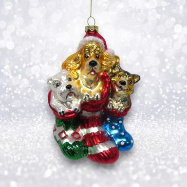 Dog Trio In Stocking Ornaments Set Of 2 Christmas Decor *SHIPS WITHIN 10 DAYS*