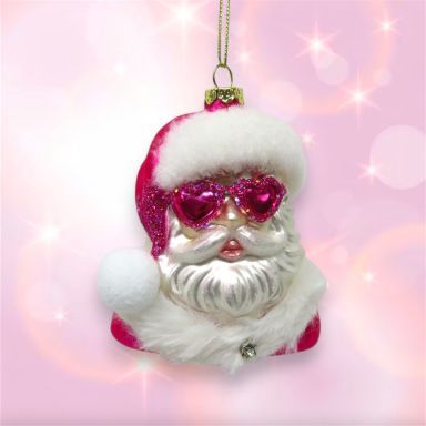 Pink Santa With Glasses Ornaments Set Of 2 Christmas Decor *SHIPS WITHIN 10 DAYS*
