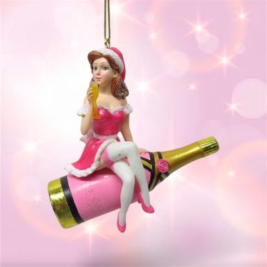 Girl Sitting On Pink Champaign Ornaments Set Of 2 Christmas Decor *SHIPS WITHIN 10 DAYS*