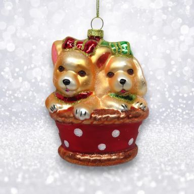 Puppy In Basket Ornaments Set Of 2 Christmas Decor *SHIPS WITHIN 10 DAYS*
