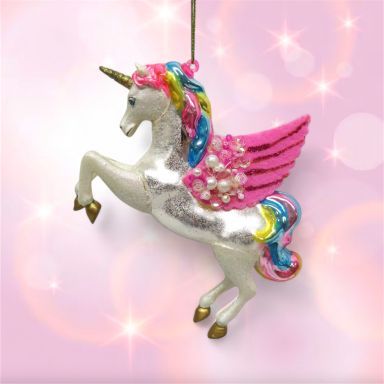 Rainbow Unicorn With Pink Wings Ornaments Set Of 2 Christmas Decor *SHIPS WITHIN 10 DAYS* NEW 2025