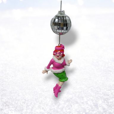 Pink Disco Lady With Mirror Ball Ornaments Set Of 2 Christmas Decor *SHIPS WITHIN 10 DAYS* NEW 2025