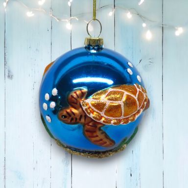 Blue Ball With Embossed Turtle Ornaments Set Of 2 Nautical Christmas Decor *SHIPS WITHIN 10 DAYS* NEW 2025