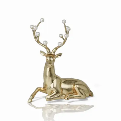 PRE-ORDER 14&quot; Gold Laying Deer With White Pearls Christmas Decor *SHIPS 9/2026* NEW 2026
