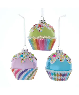 Glass Green, Pink and Blue Cupcake Ornaments Set Of 3 Christmas Decor