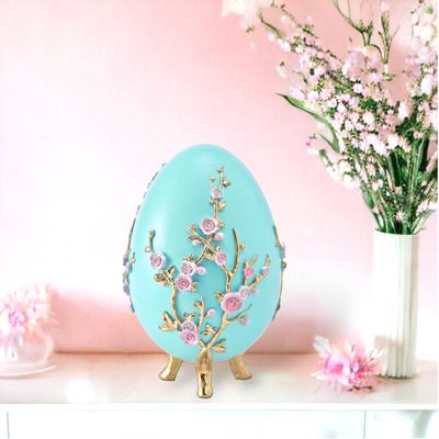 Teal Egg With Pink Flowers 7" Easter Decor Teal Egg With Pink Flowers 7" Easter Decor