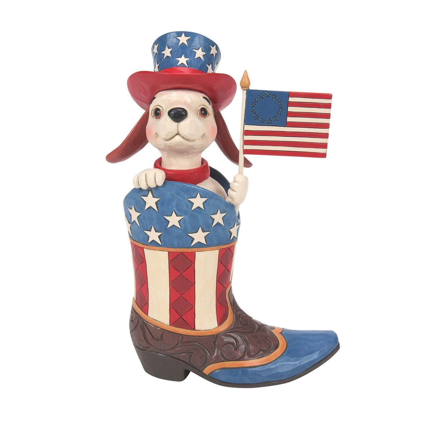 Star Spangled Style Boot with Dog Holding Flag By: Heartwood Creek Jim Shore