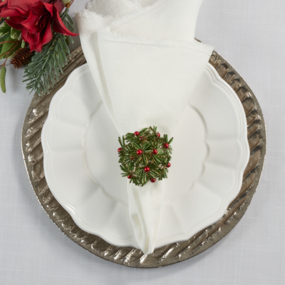 (SET OF 4) Holiday Beaded Flower Green Napkin Ring Tabletop Accents
