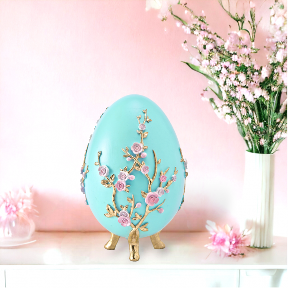 Teal Egg With Pink Flowers 7" Easter Decor