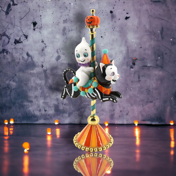 11" Ghost on Cat Carousel Halloween Decor