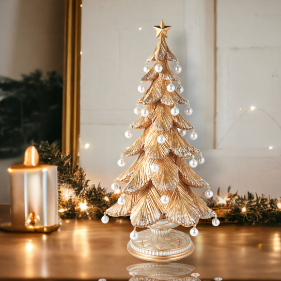 18" Gold Tree with Pearl Dangles Christmas Decor
