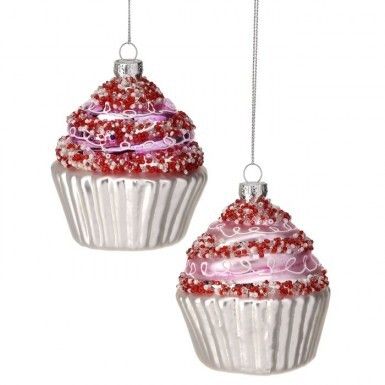 3.5" GLASS CUPCAKE ORNAMENTS SET OF 2 Christmas Decor