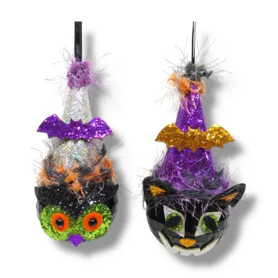 PRE-ORDER 7" Cat &amp; Owl With Hats Ornaments Set Of 2 Halloween Decor *SHIPS 6/2026* NEW 2026