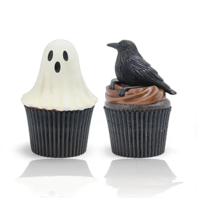 PRE-ORDER Crow &amp; Ghost Cupcakes Set Of 2 Halloween Decor *SHIPS 6/2026* NEW 2026